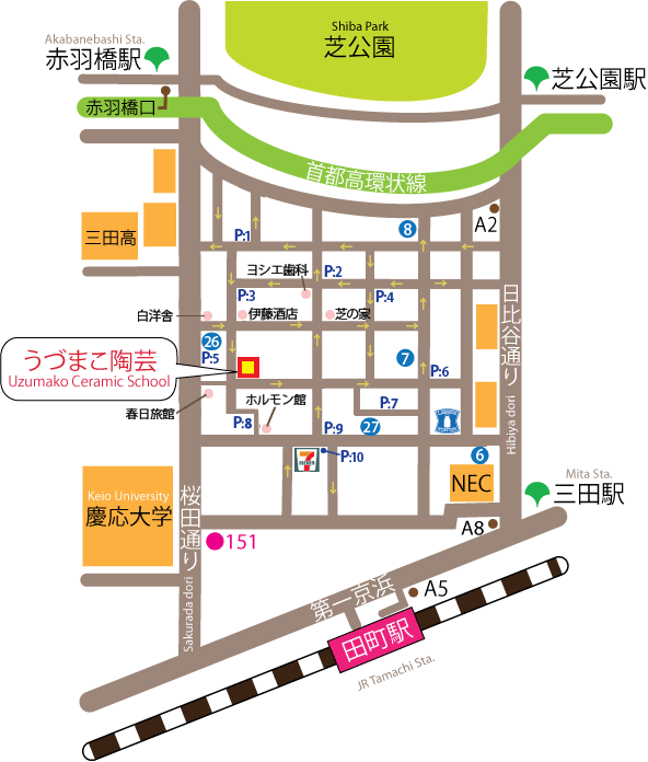 三田、田町のうづまこ陶芸教室周辺マップ、コインパーキング地図